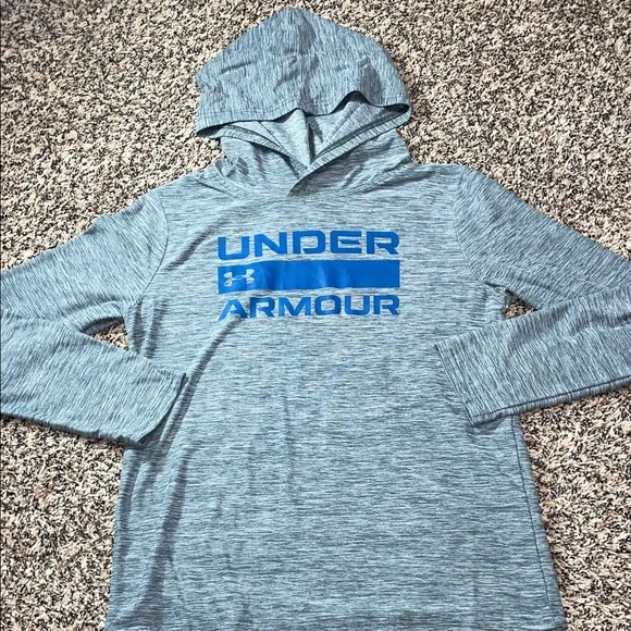 Under Armour Kids Blue/Gray Long Sleeve Dri Fit Hooded Tee Size YM (10/12) EUC - Picture 1 of 4